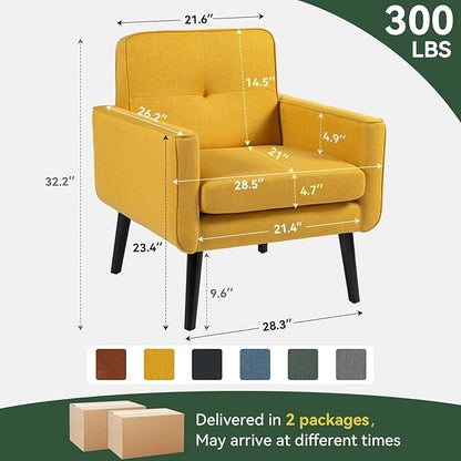 Accent Chair Set of 2, Fabric Modern Chair with Wooden Frame, Cozy Armchair Reading Chair with Comfy Back for Apartment, Living Room, Bedroom, Waiting Room, Small Space, Corner, Yellow