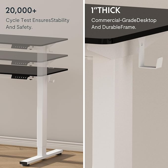 FLEXISPOT EN1 One-Piece Standing Desk, 60 x 24 Inches Large Height Adjustable Desk, Electric Sit Stand Desk Home Office Table Computer Workstation (White Frame + Black Desktop, 2 Packages)