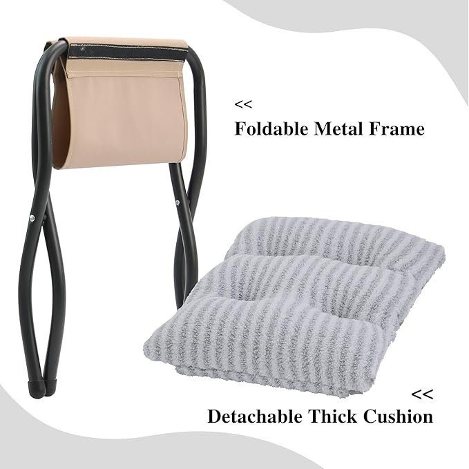 15"(H) Folding Ottoman, Foldable Footrest Stool, Portable Small Foot Stool for Couch, Collapsible Foot Rest Ottoman for Sofa, Accent Padded Ottomans for Living Room, Bedroom, Stripe Grey