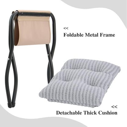 15"(H) Folding Ottoman, Foldable Footrest Stool, Portable Small Foot Stool for Couch, Collapsible Foot Rest Ottoman for Sofa, Accent Padded Ottomans for Living Room, Bedroom, Stripe Grey