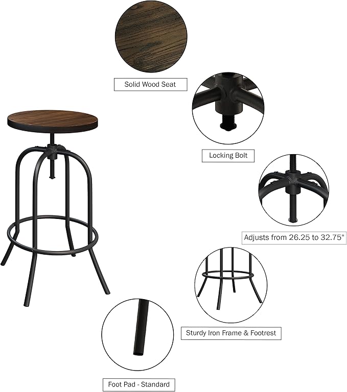 Swivel Bar Stool – Adjustable Backless Stool for Counter Height with Round Wood Seat and Iron Tube Frame for Kitchen by Lavish Home (Brown)