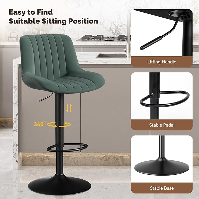 Nalupatio Bar Stools Set of 4, Adjustable Modern Swivel Bar Stools with Backs, Counter Height Performance Fabric Island Chairs for Home Kitchen, Dark Green