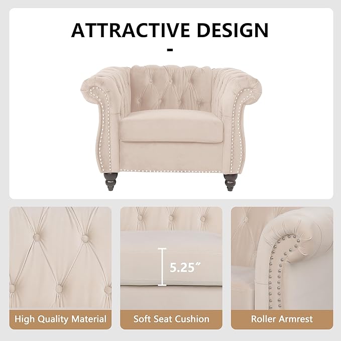 2 Piece Living Room Furniture Set, Velvet Loveseat and Chair Set, Mid Century Modern Upholstered Sofa Couch with Cushions, Comfy Tufted Chesterfield Couches for Living Room, Bedroom, Office