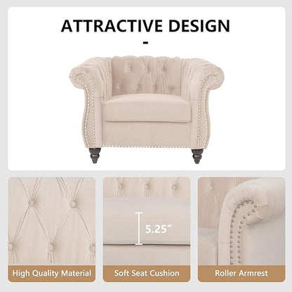 Accent Sofa Chair for Living Room, Mid Century Modern Velvet Upholstered Armchair, Oversized Comfy Single Couch Chair with Cushion, Tufted Chesterfield Sofa Couch for Home, Bedroom, Apartment (Beige)