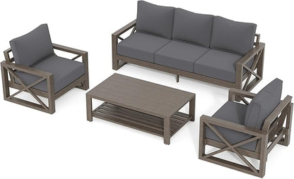 UDPATIO Aluminum Patio Furniture Set, 4 Piece Faux Wood Outdoor Patio Sets with Coffee Table, Metal Patio Furniture Set Modern Outdoor Sectional for Deck Porch Patio, Dark Grey