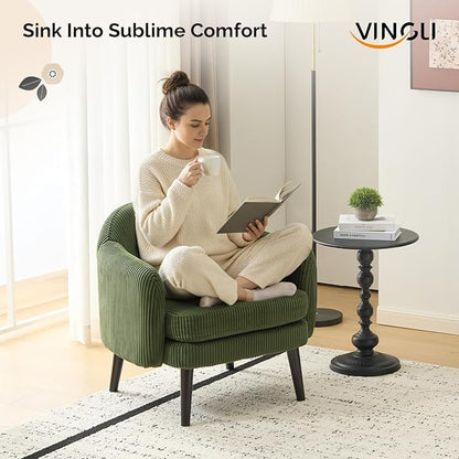 VINGLI 30.3" Wide Modern Barrel Accent Armchair with Track Armrest, Solid Wooden Legs, Comfy Upholstered Club Chair,Round Single Home Sofa for Living Room, Bedroom, Reading Room, Corduroy Green