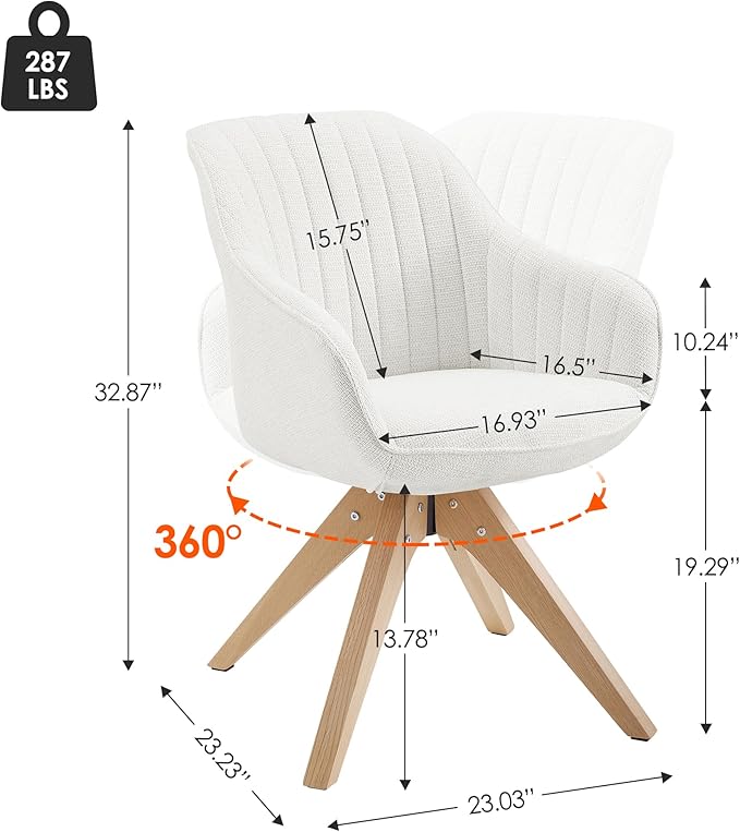 Zouron Accent Chair with Wooden Legs, Swivel Desk Chairs No Wheels, Upholstered Armchair Vanity Chair for Small Space Home Office Living Room Bedroom, Beige and Natural Wood