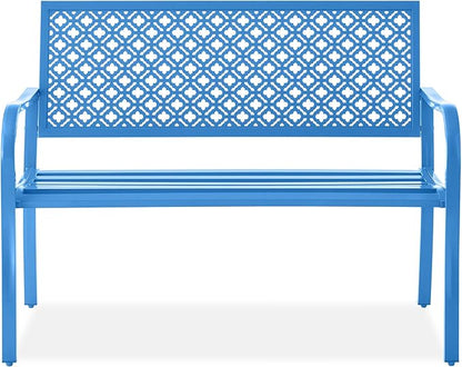 Best Choice Products Outdoor Bench 2-Person Metal Steel Benches Furniture for Garden, Patio, Porch, Entryway w/Geometric Backrest, 790lb Capacity - Ocean Blue