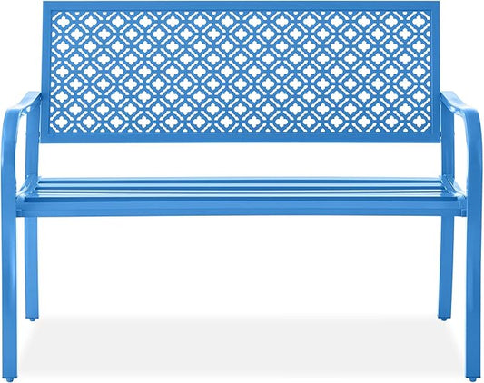 Best Choice Products Outdoor Bench 2-Person Metal Steel Benches Furniture for Garden, Patio, Porch, Entryway w/Geometric Backrest, 790lb Capacity - Ocean Blue