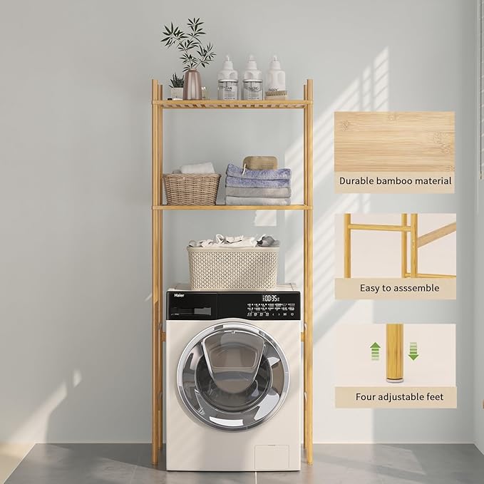 2 Tier Over The Toilet Organizer Rack Bamboo, Freestanding Bathroom Toilet Storage Shelf, Space Saving and Easy to Install, Adjustable Feet, Adjustable Bottom Rod