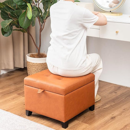 Asense 17 Inch Storage Ottoman Foot Rest,Square Faux Leather Foot Stool,Small Ottoman with Storage,Padded Seat for Entryway,Living Room,Bedroom,Couch,Under Desk,Brown