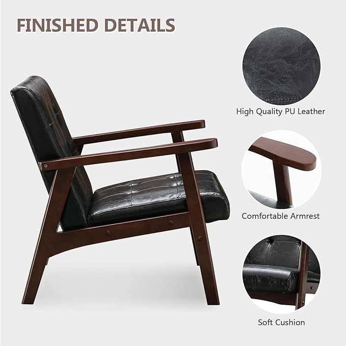 Bonzy Home Mid Century Modern Accent Chairs Set of 2 for Living Room, Upholstered Faux Leather Armchair Comfy Retro Bedroom Side Chair with Solid Wood Frame, Black