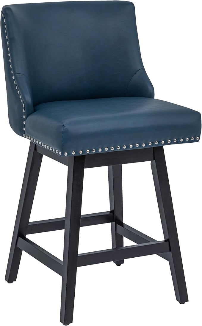 Bar Stool, PU Leather Barstool, 26 Inch Upholstered Counter Stools with 13.8" High Back and Footrest, Swivel Counter Height Barstools for Kitchen Island Home Bar Navy Blue