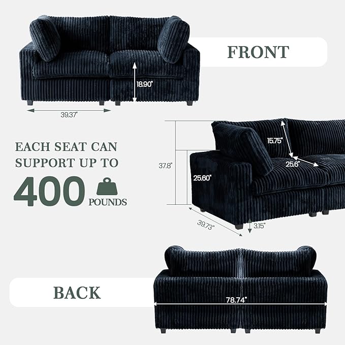 Modular Sectional Sofa, 78.74" Oversized Loveseat Sofa, Deep Seat Cloud Couch, 2 Seat Comfy Modular Sofa Couches for Living Room, Plush Couch Cushion Covers Removable, Black