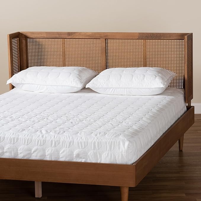 Eclectic Escape Mid-Century Modern Ash Wanut Finished Wood and Synthetic Rattan Wrap-Around Headboard Queen