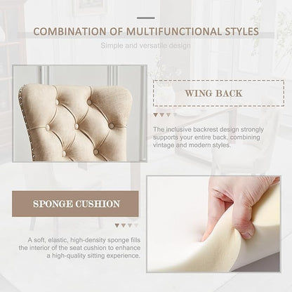 Leather Dining Chair Set of 6, Dining Room Chairs with Nailhead Ring Pull Trim, Upholstered Dining Chairs with Solid Wood Legs for Kitchen Dining Room (Beige)