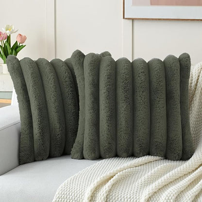 FUTEI Olive Green Decorative Throw Pillow Covers 16x16 Inch Set of 2, Square Soft Faux Rabbit Fur Big Striped Cushion Cover,Home Decor for Couch Sofa Bed Living Room
