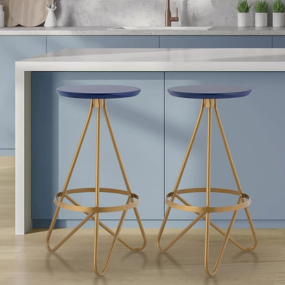 JONATHAN Y BSL1000A Spiroa 30" Modern Industrial Metal Backless Circular Bar Stool for Home, Kitchen, Dining Room, Workspaces, Cafes and Resturants, Navy Seat with Gold Frame