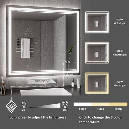 Bathroom Mirrors for Wall, 40x36 Inch Gradient Front and Backlight Lighted Mirror, 3 Colors Dimmable CRI>90 Double Lights, IP54 Enhanced Anti-Fog, Hanging Plates Wall Mount Smart Mirror