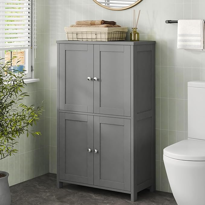Nuturelly Bathroom Floor Storage Cabinet, Bathroom Organizers and Storage with Top Board & Metal Handles for Kitchen, Grey