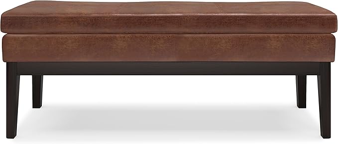 SIMPLIHOME Carlson 45-inch Wide Vegan Faux Leather Ottoman Bench in Distressed Black with Solid Wood Frame for Living Room, Entryway, or Bedroom
