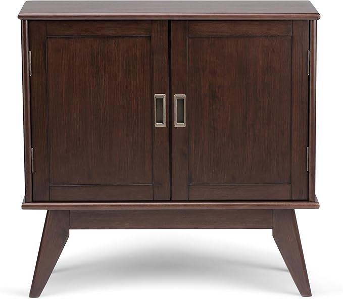 SIMPLIHOME Draper SOLID HARDWOOD 32 Inch Wide Mid Century Modern Low Storage Cabinet in Medium Auburn Brown, For the Living Room, Entryway and Family Room