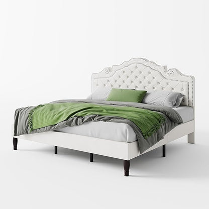 SHA CERLIN King Size Bed Frame with Adjustable Headboard/Velvet Upholstered/Diamond Button Tufted and Metal Studs/No Box Spring Needed/Sturdy Wood Slat Support/Easy Assembly/White