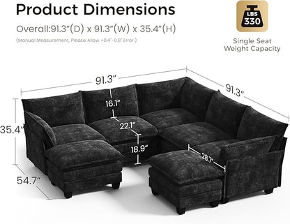 KKL 120" Modular Sectional Sofa, Large V Shape 7 Seater Convertible J/L/U-Shaped Modern Sectional Couch with Ottoman, Chenille Sectional Couches for Living Room, Apartment, Black