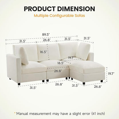 3-Seater Modular Sectional Cloud Sofa with Ottoman, L-Shaped Couch for Living Room, Modern Convertible Deep Seats Sofa, Chenille Beige