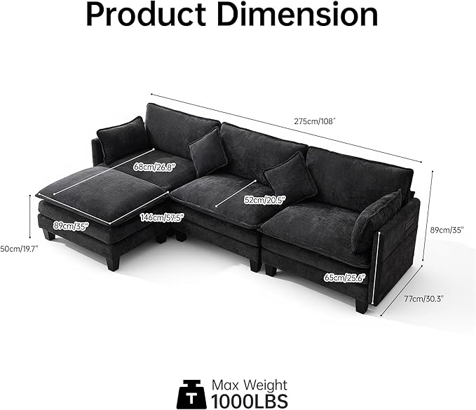 108" Modular Sectional Couches for Living Room with Ottoman, L Shaped Cloud Couch with Charger, USB & Type-c Port, Comfy Sofas with Deep Seat, Chenille Fabric, Black
