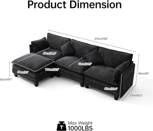 108" Modular Sectional Couches for Living Room with Ottoman, L Shaped Cloud Couch with Charger, USB & Type-c Port, Comfy Sofas with Deep Seat, Chenille Fabric, Black