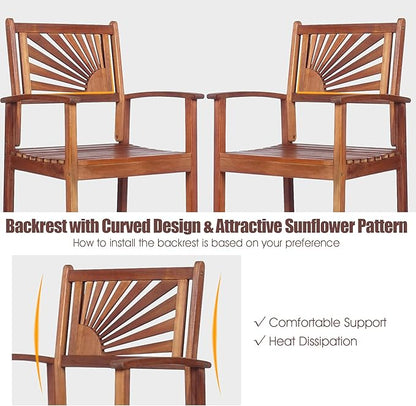 COSTWAY Bar Stools Set of 4, Outdoor Acacia Wood Bar Chairs with Sunflower Backrest, Curved Armrests & Breathable Seat, Ideal for Balcony, Sunroom, Patio, Easy Assembly