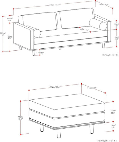 SIMPLIHOME Morrison Mid-Century Modern 89 inch Wide Sofa with Ottoman Set in Mist Grey Woven-Blend Fabric for the Living Room and Family Room