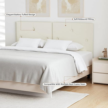 King Size Headboard, Faux Leather Headboard with Solid Wood & Sturdy Metal Legs, Adjustable Height Bed Headboards King Tufted Upholstered in Modern Button Design, Ivory