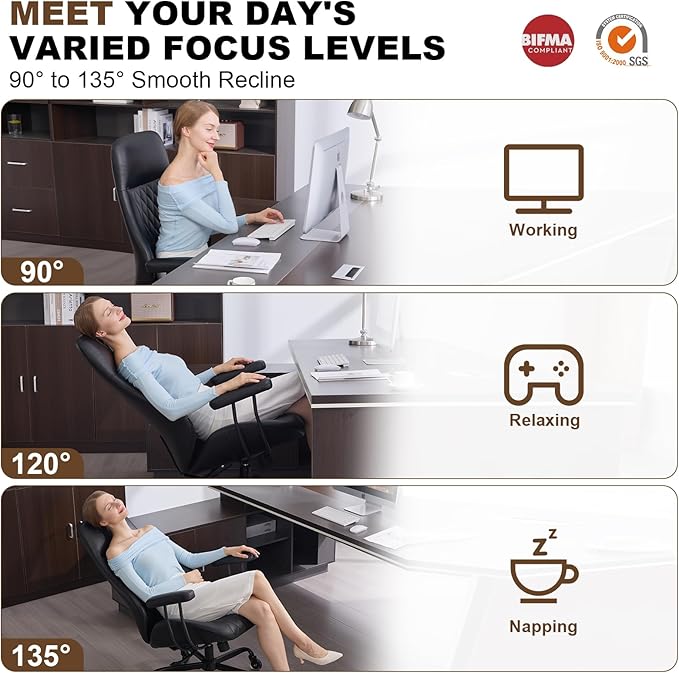 Home Office Desk Chair, Ergonomic High Back Leather Computer Chair with Lumbar Support, Adjustable Height & Recline, Swivel Executive Office Chair with Armrests and Rubber Casters, Black