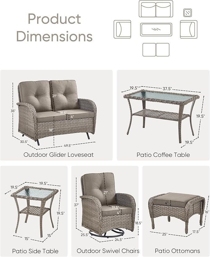 HUMMUH 7 Pieces Wicker Patio Conversation Set Outdoor Glider Loveseat with Patio Swivel Rocking Chairs Outdoor Patio Set for Deck Lawn Porch Balcony Poolside-Grey/Grey