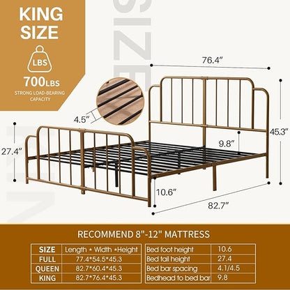 PINJU Metal Platform Bed Frame with Headboard and Footboard, Classic Style, Sturdy Metal Slats, No Box Spring Needed, Easy Installation (Gold, King)
