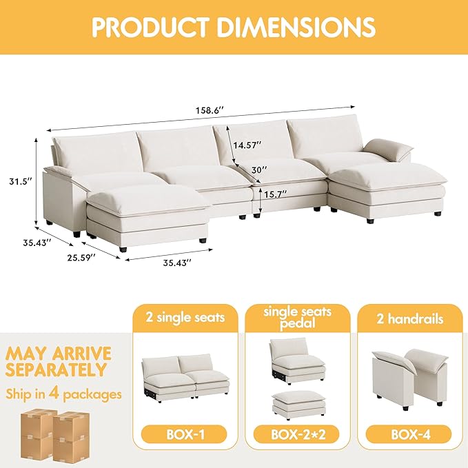 Homall 159" Modular Sectional Sofa, U Shaped Sofa Couch with Reversible Ottoman, DIY Combination Chenille Deep 4-Seat Cloud Couch for Living Room, Apartment (White, U Shaped Sofa)