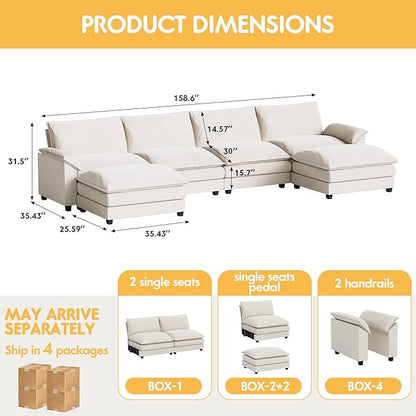 Homall 159" Modular Sectional Sofa, U Shaped Sofa Couch with Reversible Ottoman, DIY Combination Chenille Deep 4-Seat Cloud Couch for Living Room, Apartment (White, U Shaped Sofa)