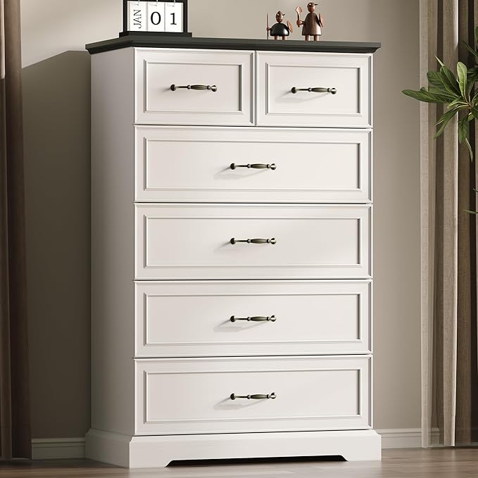 Farmhouse 6 Drawers Dresser for Bedroom, 49" Tall Modern Chest of Drawers with Deep Drawers & Bar Handles, Rustic Wood Dresser TV Stand, Wooden Closet Storage Organizer for Living Room, Hallway, White