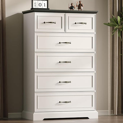 Farmhouse 6 Drawers Dresser for Bedroom, 49" Tall Modern Chest of Drawers with Deep Drawers & Bar Handles, Rustic Wood Dresser TV Stand, Wooden Closet Storage Organizer for Living Room, Hallway, White