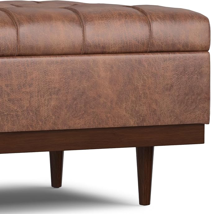 SIMPLIHOME Mariah 34 inch Wide Contemporary Rectangle Coffee Table Storage Ottoman in Distressed Saddle Brown Vegan Faux Leather, Assembled, For the Living Room, Entryway and Family Room