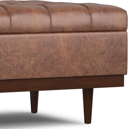 SIMPLIHOME Mariah 34 inch Wide Contemporary Rectangle Coffee Table Storage Ottoman in Distressed Saddle Brown Vegan Faux Leather, Assembled, For the Living Room, Entryway and Family Room