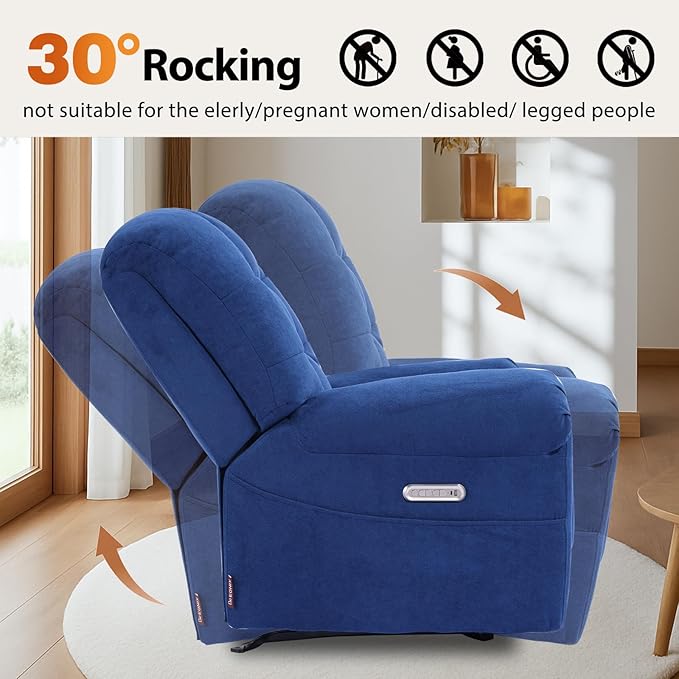 EONIX Power Rocker Recliner Chair, Lazy Boy Recliner Rocking Chair for Adults and Nursery, Electric Recliner Chair with Heat and Massage for Living Room, Bedroom, Study Room, Relaxation, Navy Blue