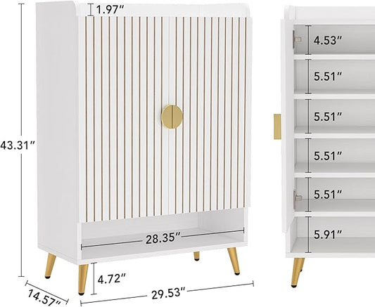 Tribesigns Shoe Cabinet with Doors, 6-Tier Shoe Storage Cabinet with Adjustable Shelves, Wooden Shoes Rack Shoe Storage Organizer for Entryway, Hallway, Closet, Living Room, White & Gold