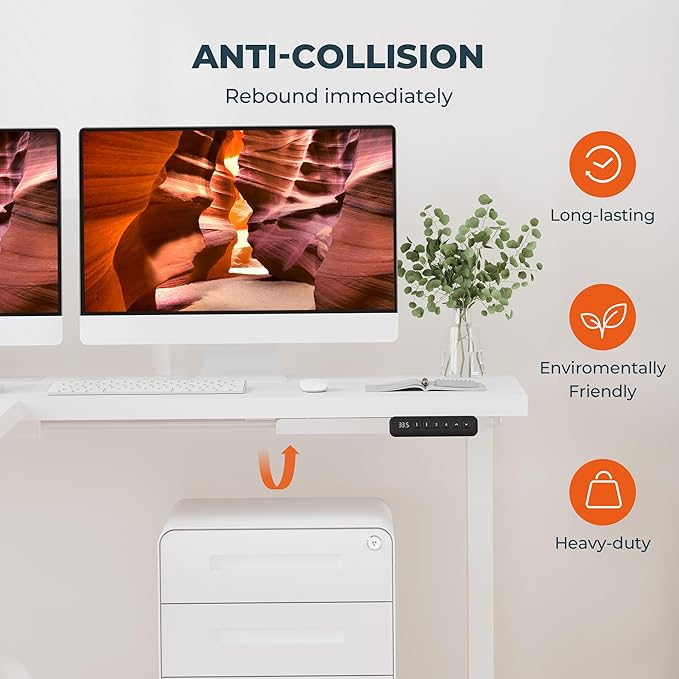 L-Shaped Standing Desk, 63 x 55 Inches Height Adjustable Desk, Sit and Stand up for Work Office Home, Ergonomic Rising Computer Table for Home Office with Splice Board, White