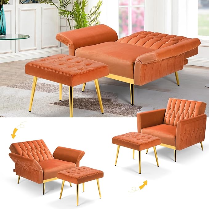 Velvet Accent Chair w/Adjustable Armrests and Backrest, Button Tufted Lounge Chair, Single Recliner Armchair with Ottoman and Pillow for Living Room, Bedroom,Orange