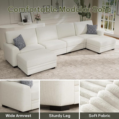 Wanderwell Oversized Modular Sectional Sofa, 6-Seater U Shaped Couches with Movable Ottoman,Corduroy Sectional Couch with Wide and Deep Seats Suitable for Living Room,Bedroom,Apartment (Cream, U-6)