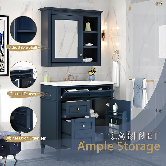 30" Bathroom Vanity with Matching Medicine Cabinet, Modern Sink Storage Cabinet with Drawers, Soft Closing Doors and Shelf, Bathroom Vanities with Sink & Mirror