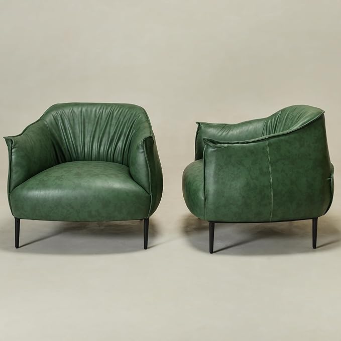 KINWELL 33" W Faux Leather Barrel Chairs Set of 2 with Hand-Tufted Pleated Back Flared Arms, Modern PU Upholstered Accent Chairs with Metal Legs, Large Armchairs Lounge Chairs for Living Room, Green